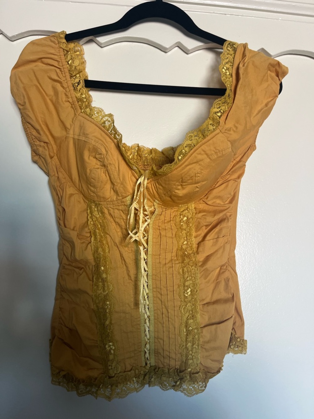 Mustard Yellow Lace Trim Corset Top